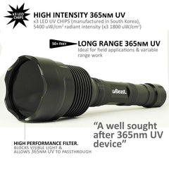 uvBeast V3 365nm long range UV flashlight beam demonstration