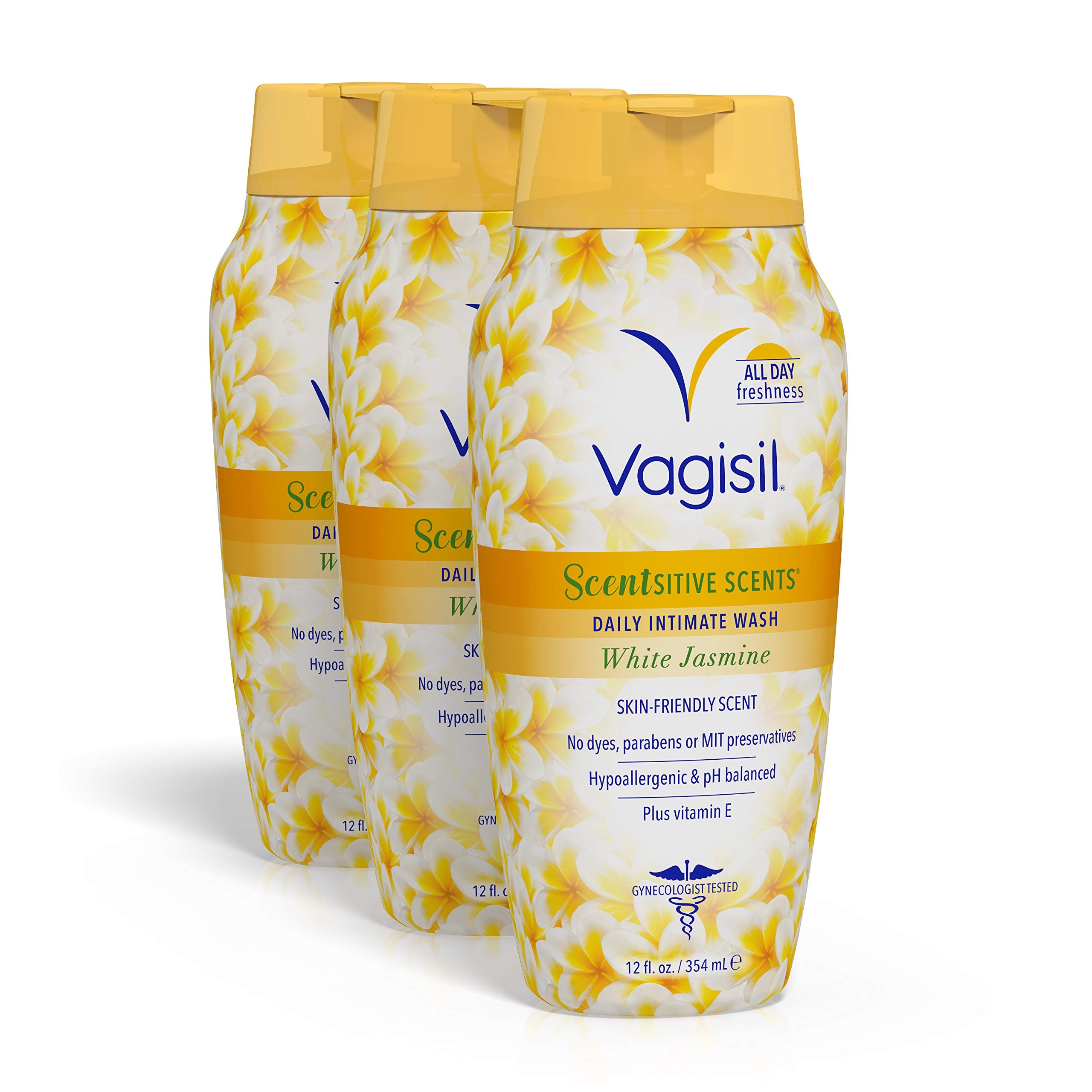 Three Vagisil White Jasmine 12 oz feminine wash bottles for 3-pack