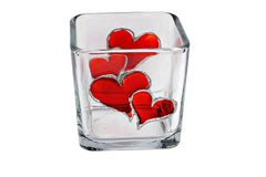 Valentine double red hearts hand painted stained glass candle holder