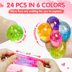 24 valentines cards for kids classroom with glitter stress balls