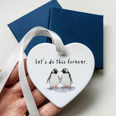 Romantic penguin couple ornament for Valentine’s Day