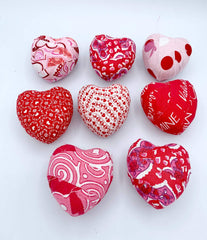 Set of 7 plastic hearts wrapped in red white pink fabrics