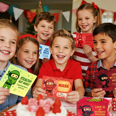 Ninja toys with exclusive cards for Valentine's Day classroom gifts