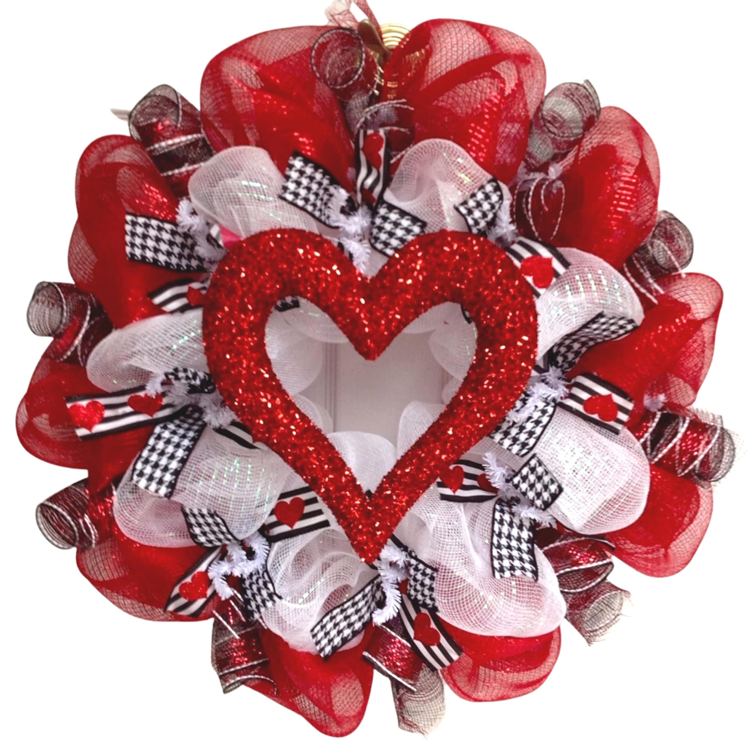Valentines Day Glittering Red Heart Deco Mesh Wreath 24 inch diameter
