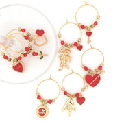 Valentine's Day wine charms set of 8 with red enamel and gold-tone beads on 1 inch rings