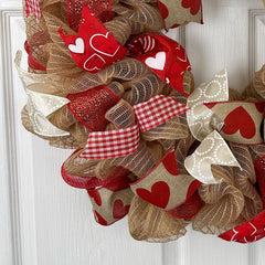 Valentines Day Wreath red and white ribbons detail