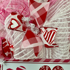 outer ring pink and white plaid deco mesh on wreath