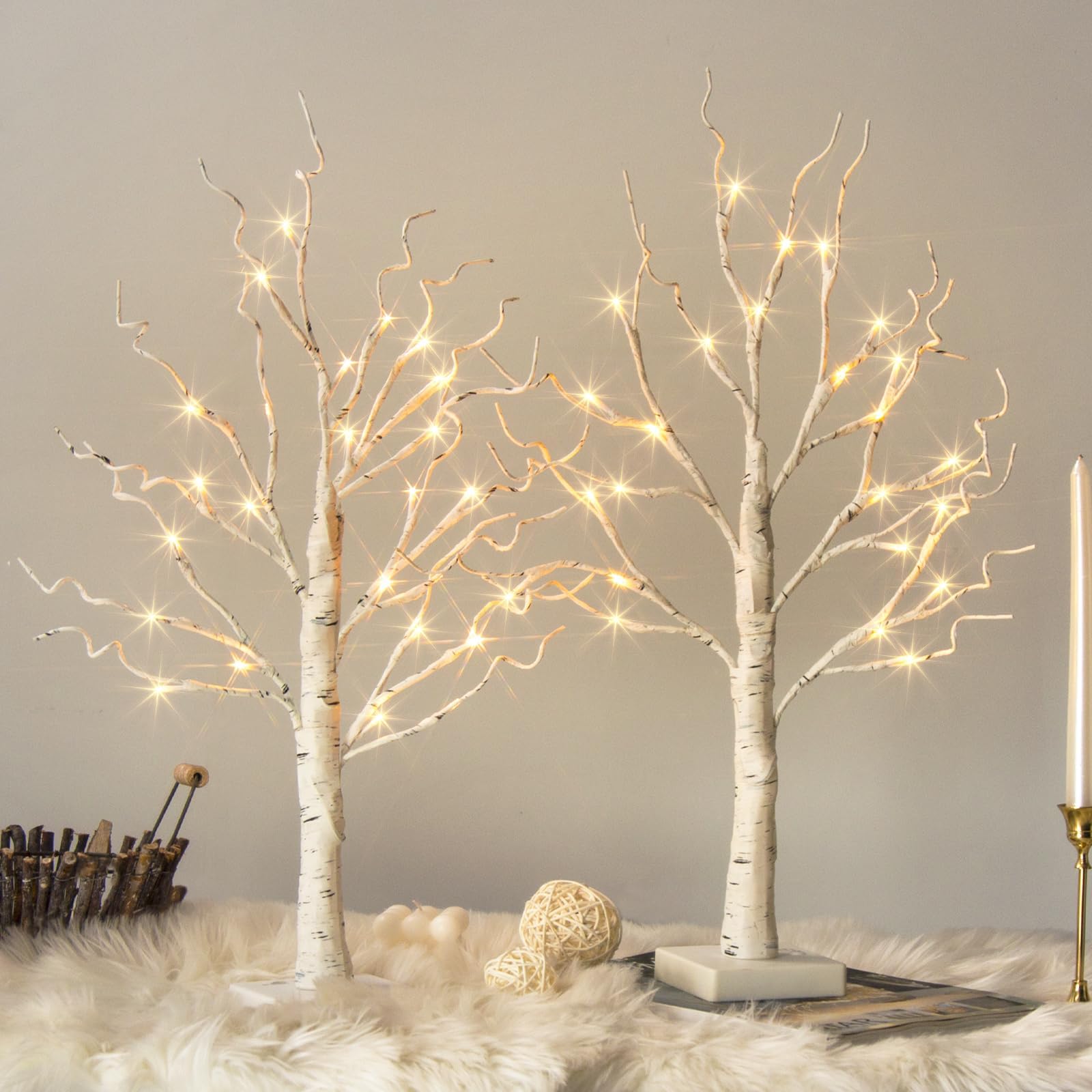 Vanthylit white birch tree with 24 warm white LEDs set of 2