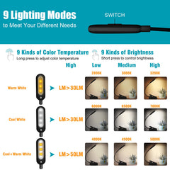 7 LEDs illuminating evenly with 9 color temperatures on a gooseneck light