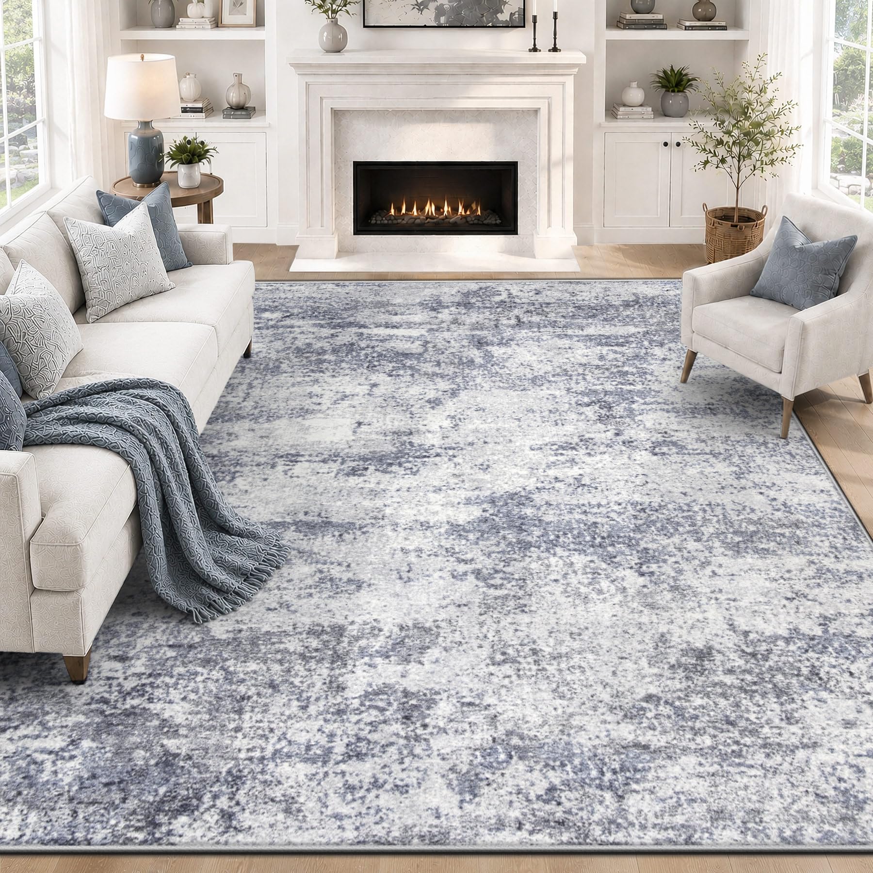 VECARF 8x10 living room rug blue grey abstract print