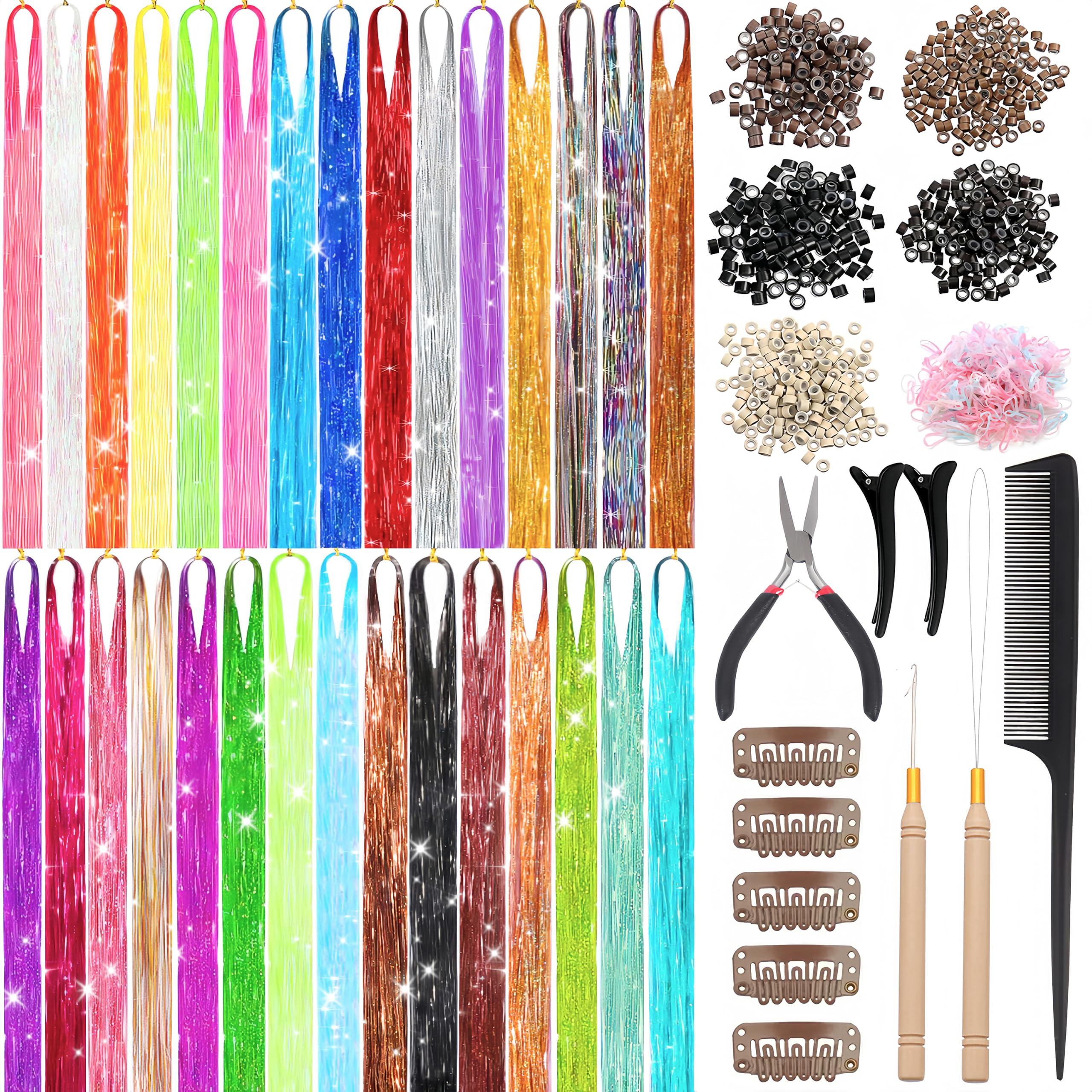 VEEFUN hair tinsel kit with 30 colors packaging overview