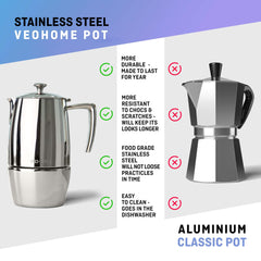 Dishwasher safe VeoHome espresso pot stainless steel