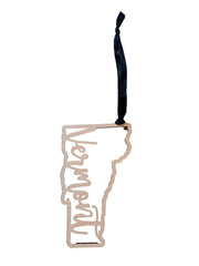 Vermont Christmas Ornament rustic wood state silhouette with black ribbon