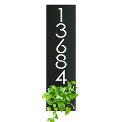 Vertical Address Sign With Planter Box metal sign close up