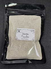 Vesta Powder packaging shows 2 oz powder in a 3x4 inch resealable bag