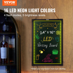 Illuminated chalkboard display with neon colors for messages