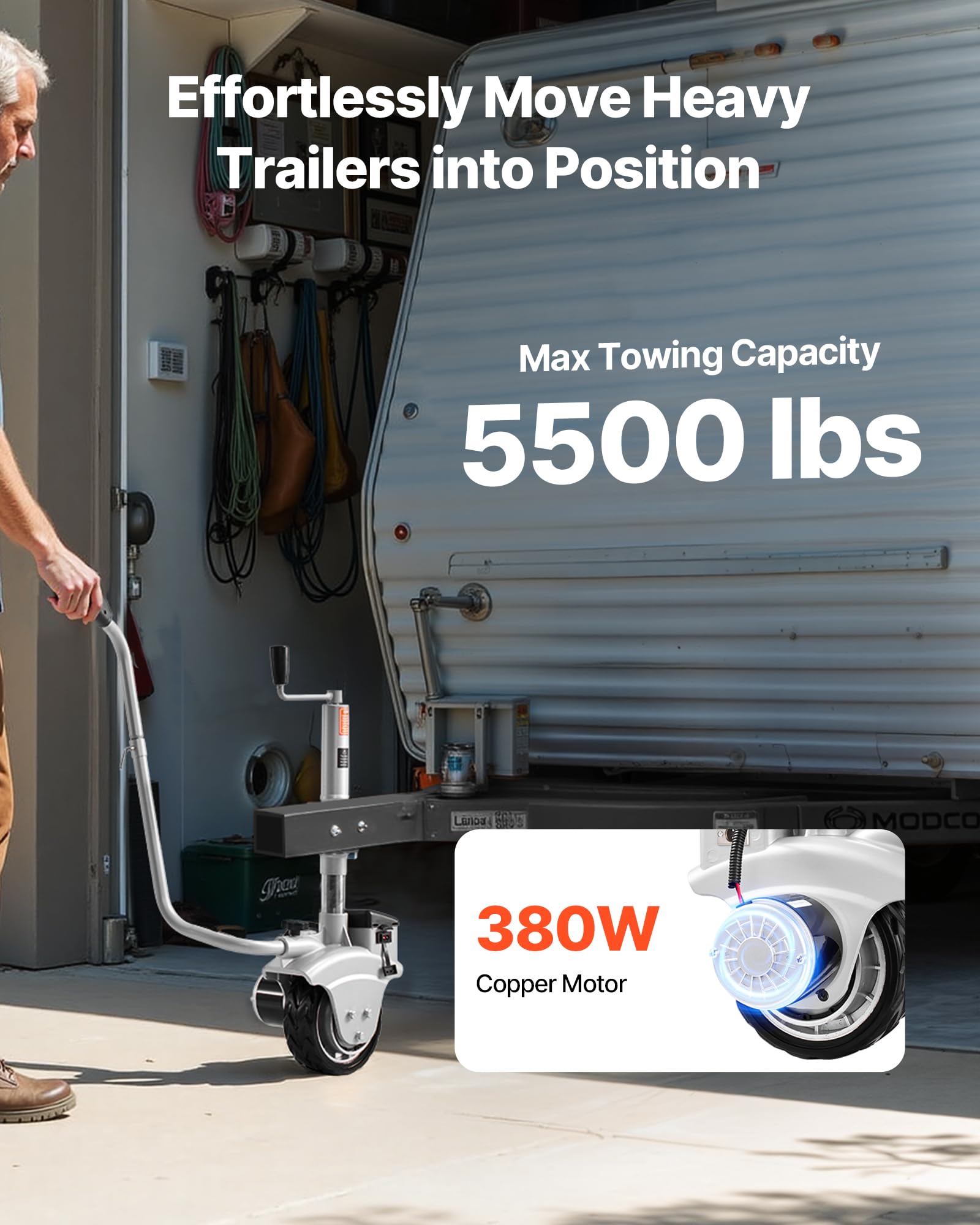 Close up of 380W motor on VEVOR Electric Trailer Dolly