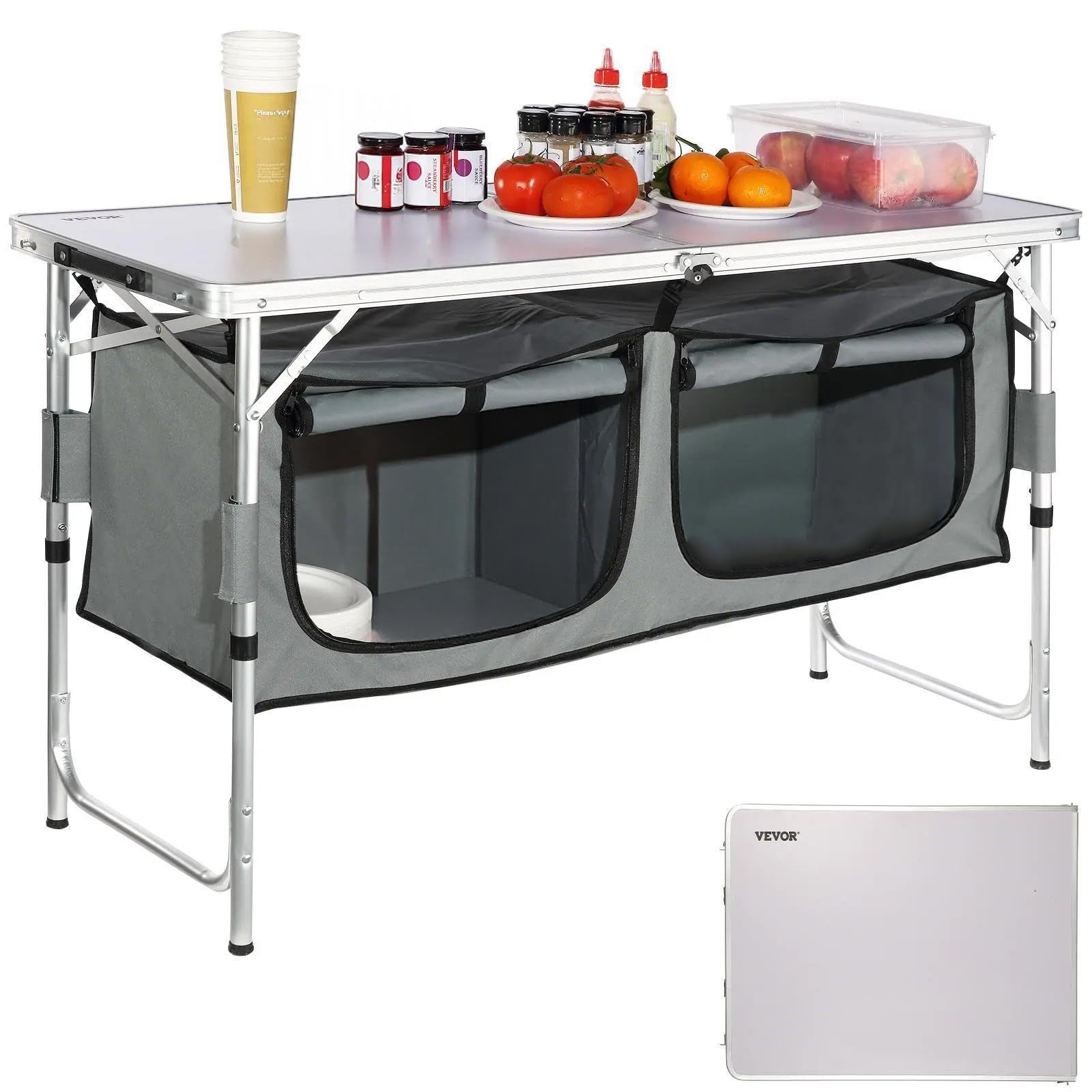 VEVOR Camping Kitchen Station aluminum tabletop with storage shelf