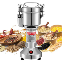 VEVOR electric grain mill grinder front view with 150g cup