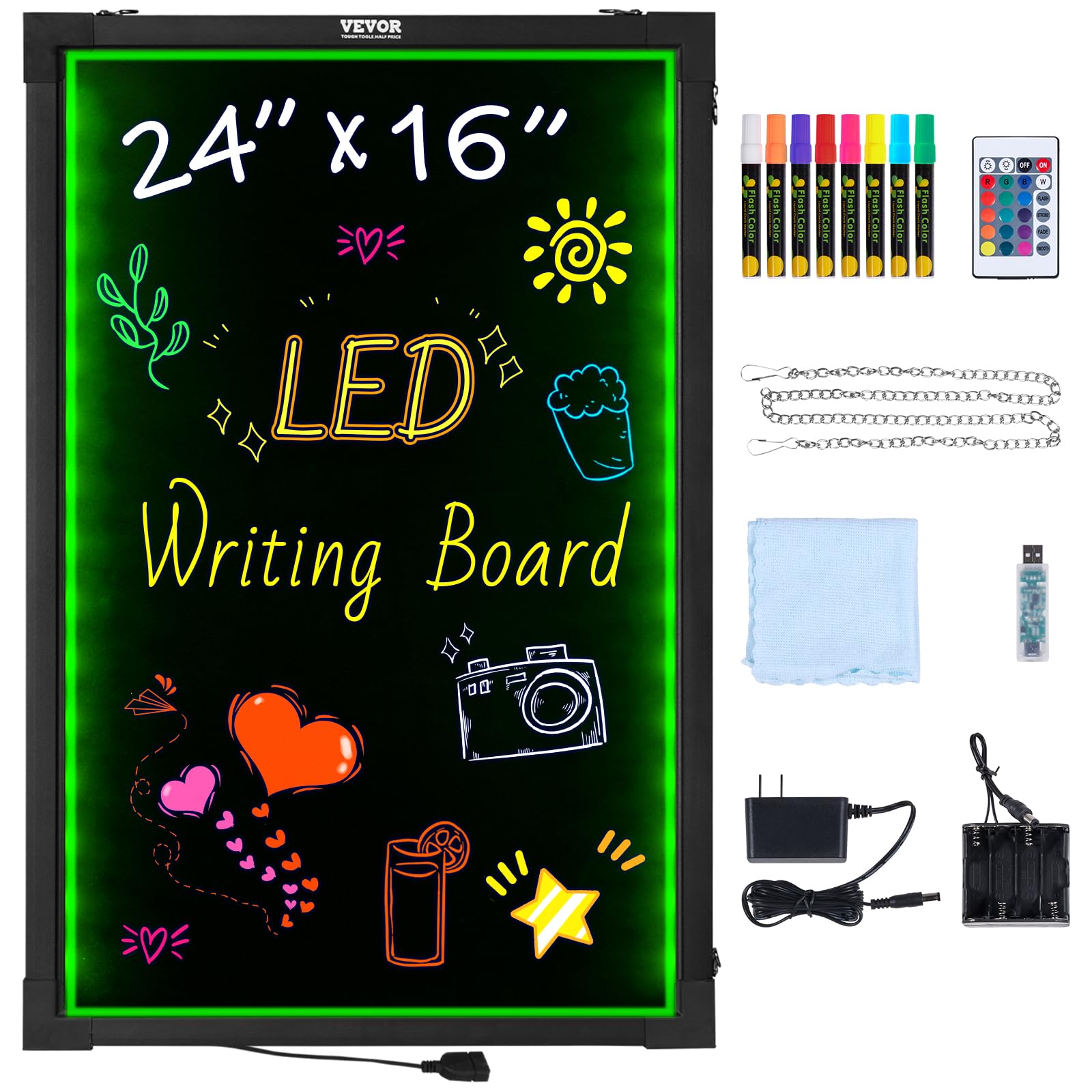 VEVOR LED Message Writing Board with 24x16 inch illuminated chalkboard