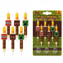 Six piece VIBE BOOSTER pixel miner birthday candles with cake picks