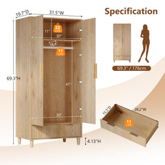Oak wood wardrobe armoire standing in bedroom