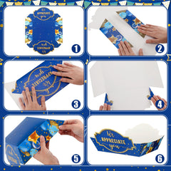Deep blue and gold glitter accents on appreciation trays