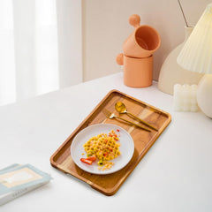 Rectangular acacia wood serving platter with warp resistant construction