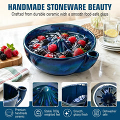 Vortex fruit washing design in ceramic bowl blue