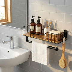 Wall mounted design showing acacia wood shelf and metal rails