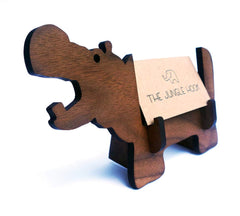 Walnut hippo card holder with laser cut design and natural wax finish