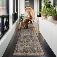 Washable 2x6 Runner Rug with vintage floral brown pattern and non-slip backing