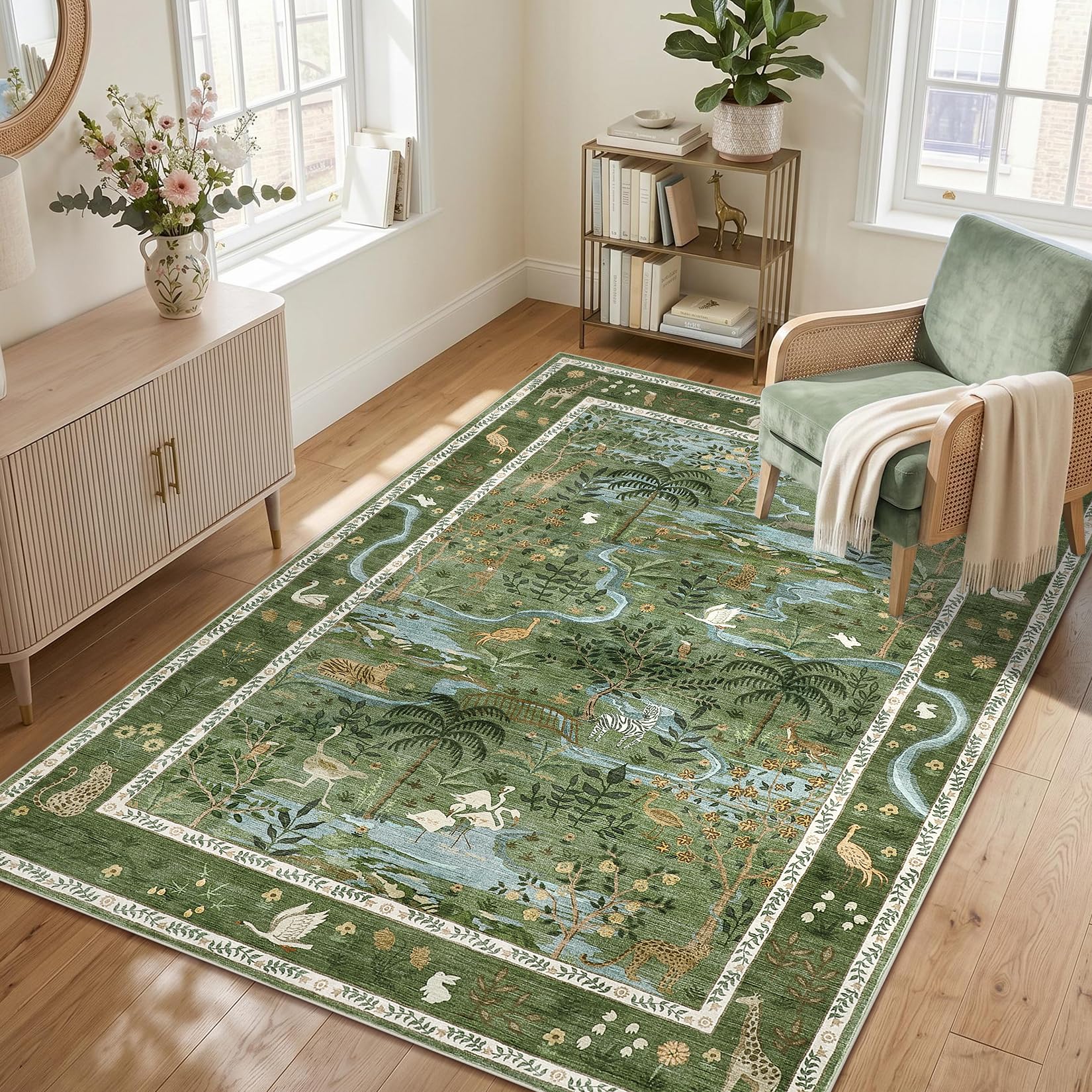 Washable area rug 5x7 green animal print for nursery