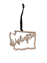 Rustic wood Washington ornament in state shape with ribbon