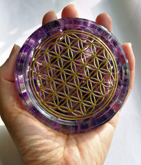 Water charging plate coaster featuring amethyst crystals and resin
