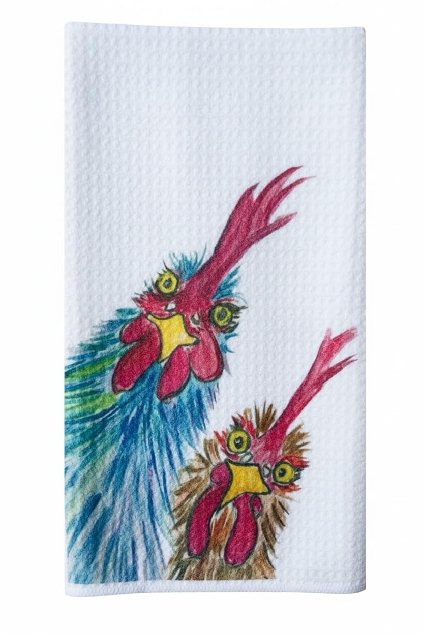 Decorative microfiber kitchen towel with watercolor chickens 16x24 size