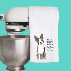 Watercolor Life is Better with a Boston Terrier waffle weave towel