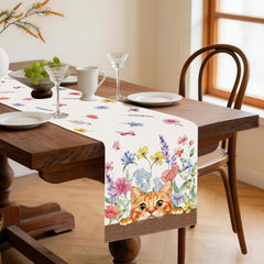 Watercolor orange cat pattern at ends of runner with wildflowers
