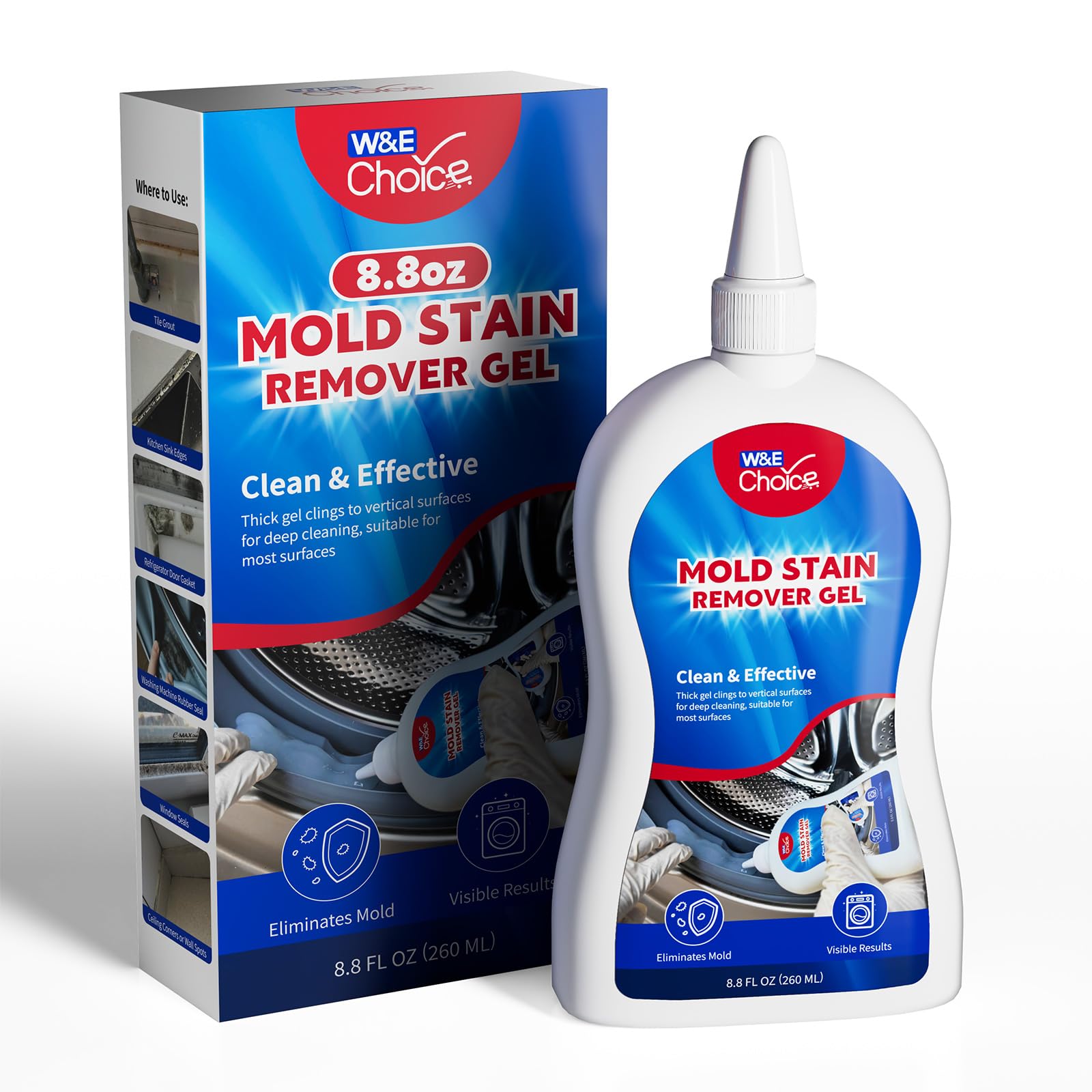 W&E Choice Mold Stain Remover Gel Washing Machine Cleaner 8.8 oz bottle with precision nozzle