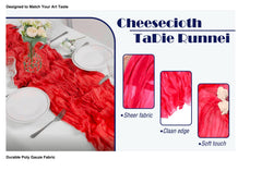 Wedding decor using red cheesecloth table runner for tables