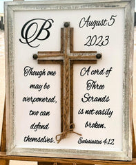 Wedding Cross sign displayed on rustic wood
