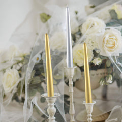 Winter mantel decor with gold taper candles 9 inch