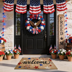 Multicolor welcome mat for outdoor use with patriotic design