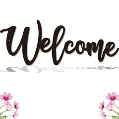 Close up of Welcome Metal Sign in black finish