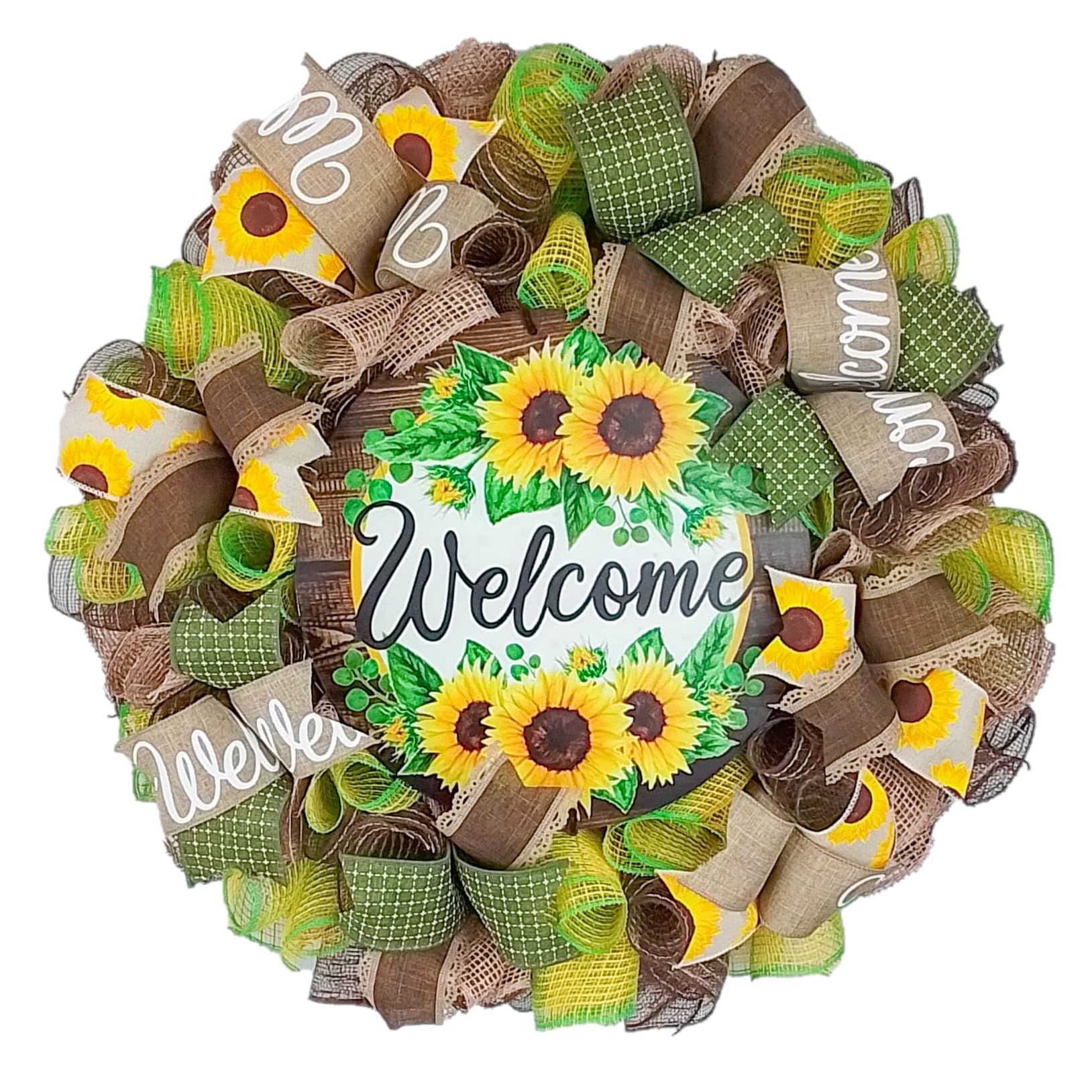 Welcome Sunflower Wreaths 24 inch round front door wreath with sunflower mesh