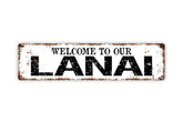 Welcome To Our Lanai Metal Street Sign Plaque glossy finish front view
