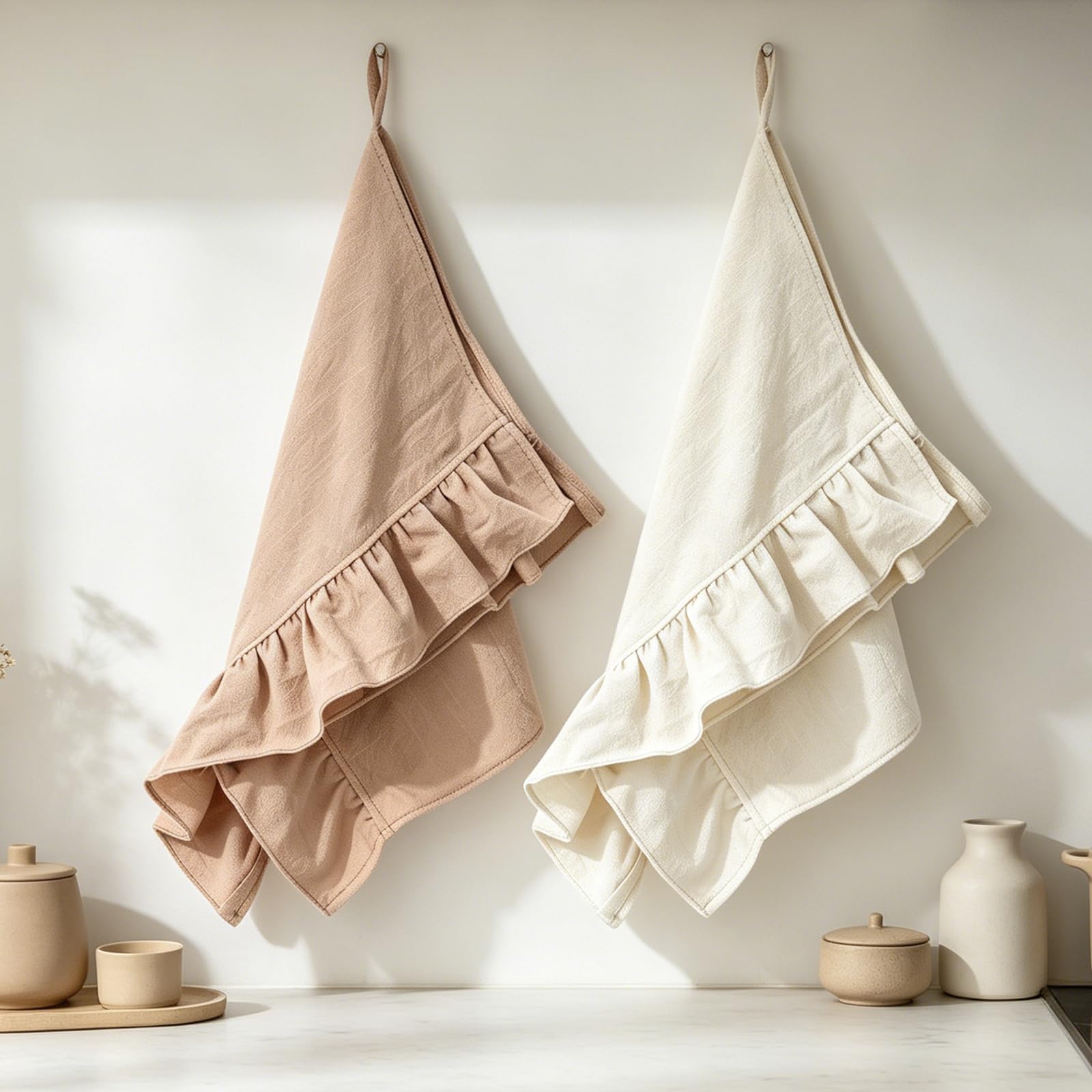 Whaline two piece beige brown kitchen towels with ruffled trim