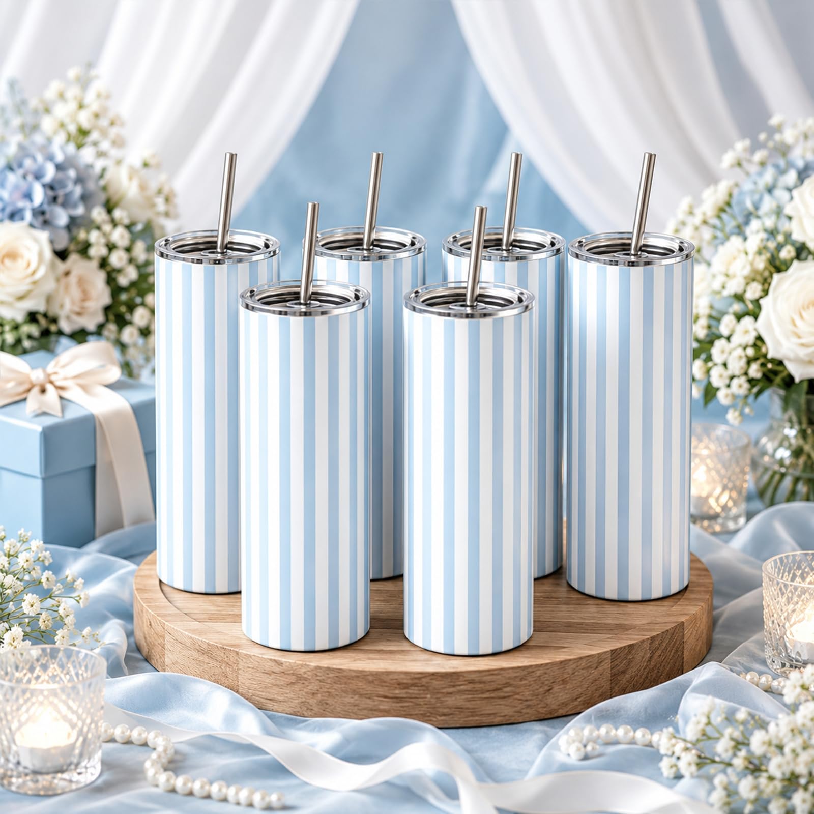 Whaline 6-piece stripe tumbler blue white with lid and straw