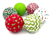 Whimsical Holiday Fabric Wrapped Ornament Balls set of 6 3 inch lime green red white colors