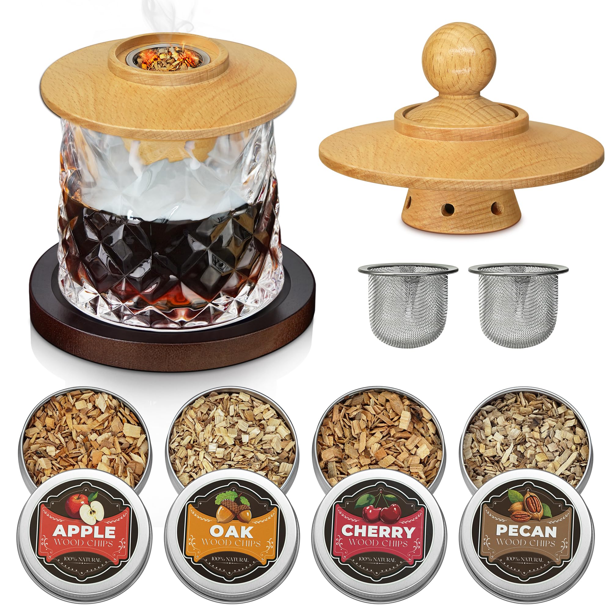 Whiskey Smoker Kit with 2pcs Stainless Steel Mesh Filter Bowls and wood chips